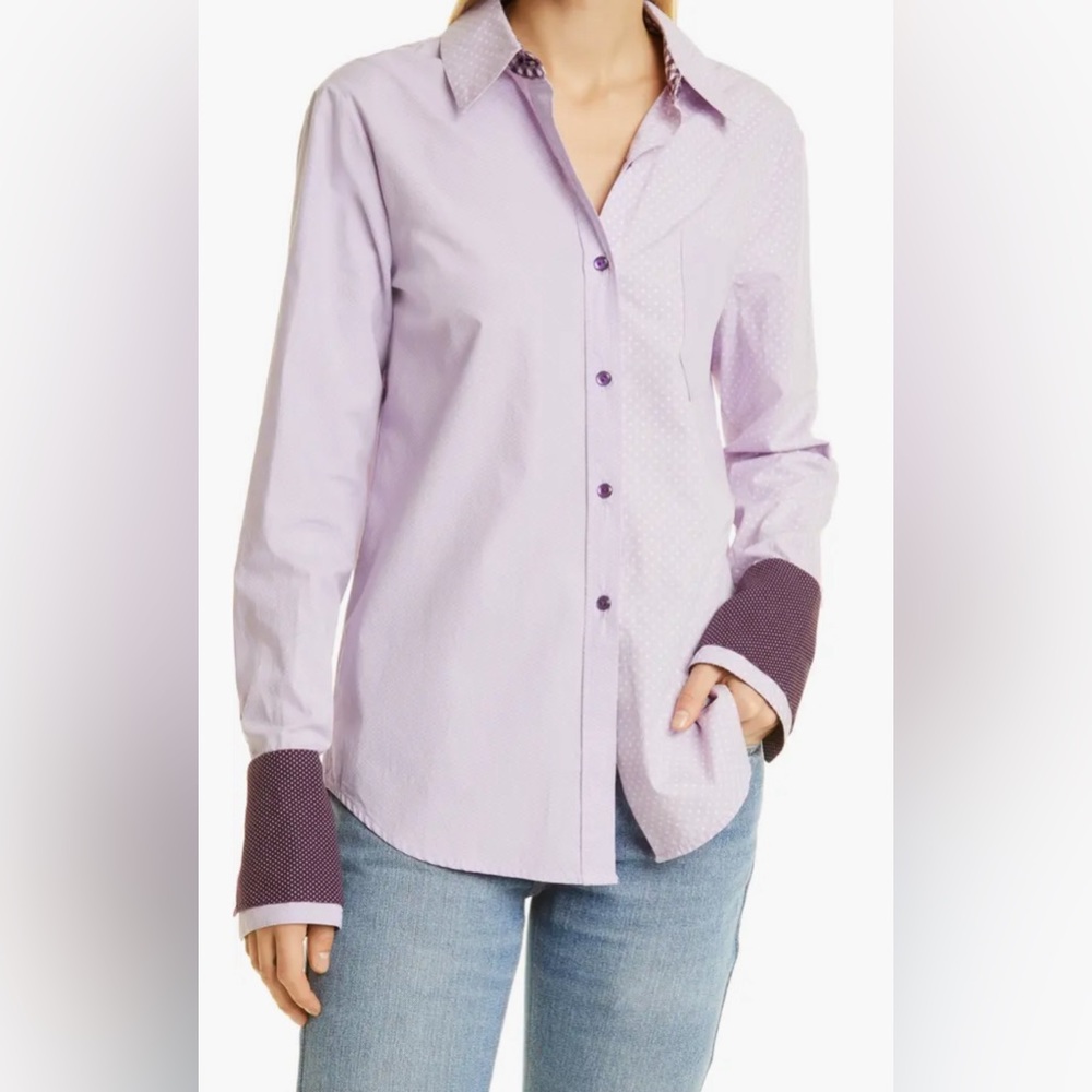 Le Superbe Ex Boyfriend Double Cuff Button-Up Lavender Fields Shirt Women 4 NWOT